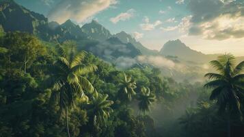 Mysterious jungle, palm trees and mountains at the top of hill with a mountain range around it photo