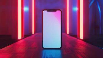 Smartphone mockup with blank white screen with neon lighting. 3D Render photo