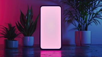 Smartphone mockup with blank white screen with neon lighting. 3D Render photo