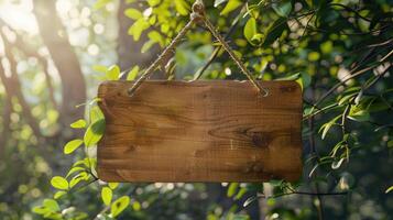 Empty wooden sign hanging on a rope in front of the background of a nature park. wooden panel and green plant photo