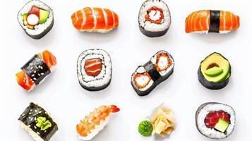 A set of fresh sushi rolls with salmon, avocado. Japanese sushi on white background photo