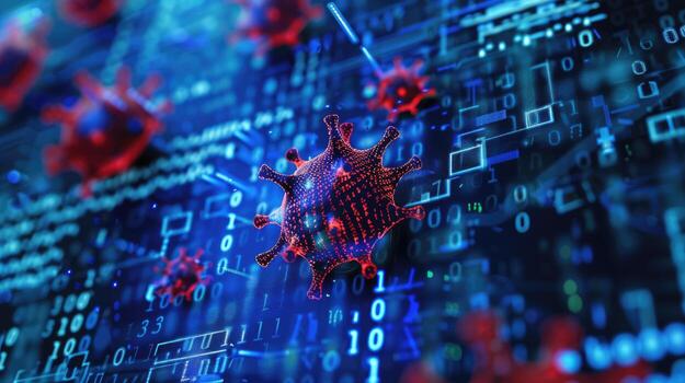 System hacking with info message. Background with a code on a blue background and a virus warning. Cyber security and cybercrime photo