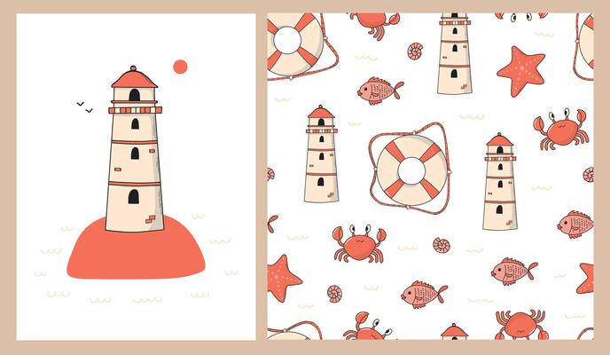 Nursery set of poster and seamless pattern with doodles of sea theme. Cute lighthouse banner and pattern with lifebouys, fish, crabs, seashells. Travel nautical theme. Textile print, apparel decor
