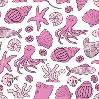 Nursery sealife, ocean doodles, cartoon elements seamless pattern with pink doodles for prints, textile, wallpaper, bedding, stationery, digital paper, backgrounds, etc. EPS 10 vector