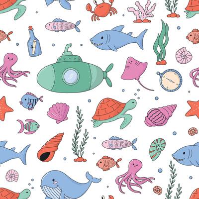 Sea, underwater, ocean life doodles seamless pattern for nursery prints, scrapbooking, stationery, wallpaper, wrapping paper, backgrounds, packaging, textile, apparel decor, etc. EPS 10