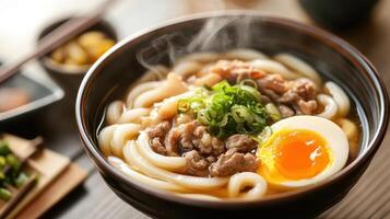 Japanese udon noodle with beef and egg on wooden table photo