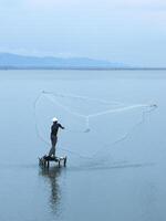 Fisherman catching fish with net on the lake in the morning, Gorontalo, Indonesia photo