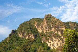 View of Hills and Mountain Range with Green Trees and Clear Blue Sky photo