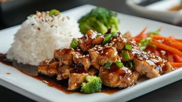 Chicken teriyaki sauce with rice and vegetables on white plate photo
