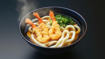 Japanese udon noodle soup with shrimps on table photo
