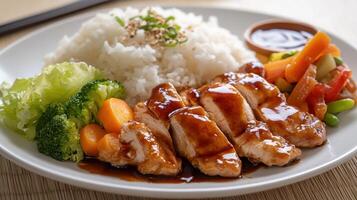Teriyaki chicken with sweet and sour sauce served with steamed rice photo