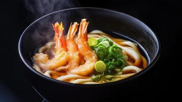 Japanese udon noodle soup with shrimps on table photo