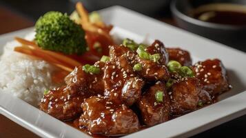 Chicken teriyaki sauce with rice and vegetables on white plate photo