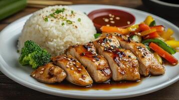 Teriyaki chicken with sweet and sour sauce served with steamed rice photo