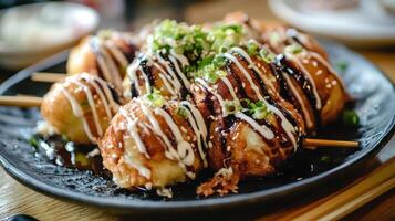 Plate of Freshly Made Takoyaki with Sauces and Bonito Flakes photo