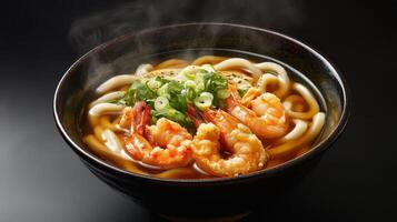 Japanese udon noodle soup with shrimps on table photo