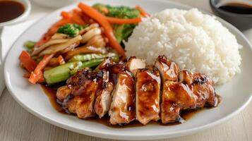 Teriyaki chicken with sweet and sour sauce served with steamed rice photo