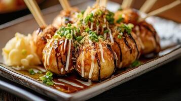 Plate of Freshly Made Takoyaki with Sauces and Bonito Flakes photo