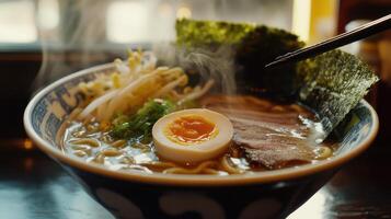 Steaming Bowl of Japanese Ramen with Chashu, Egg, and Rich Broth photo