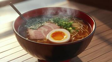 Steaming Bowl of Ramen with Beef, Egg, and Rich Broth photo