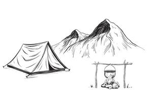 Hand drawn Camp tent in mountain. Camping Pot or boiler on Camp Fire with stones illustration in linear drawing style for adventure or camping on isolated background. Linear sketch of Campsite. vector