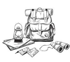 Tourist composition with Backpack and binocular. Hiking lamp and different white black books in a linear style. Map illustration in linear drawing style. Hand drawn sketch of camping adventure. vector
