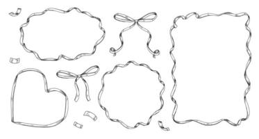 A vintage set of hand drawn ribbon and bow frames in various shapes. Perfect for invitations, cards, or gift tags. The black and white art provides customizable copy space for your messages vector