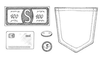 Money set with banknotes, coins, and credit card illustrations in black and white. Hand drawn style for financial themes. Great for personal finance, budgeting, and digital wallet icons vector