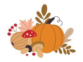 autumn pumpkins and forest leaves and berries isolated on white background vector