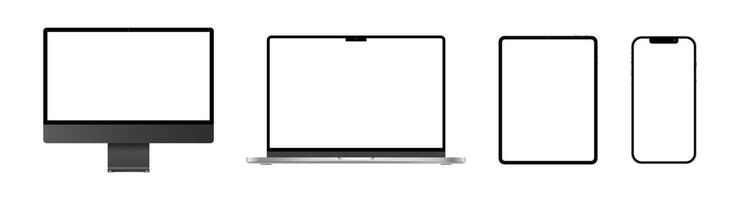 Realistic desktop laptop tablet pc and smartphone mockup collection. Set of modern devices with blank screen illustration vector
