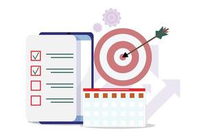 Target and arrow with checklist on cellphone and calendar, arrows and engine units for growth concept vector