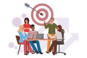 Group of professionals working toward a mutual goal with laptops, growth arrows, and target symbol in background vector