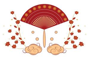 Traditional Chinese red hand fan adorned with flowers, sparkles, and clouds in delicate outline style vector