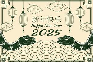 Elegant Year of the Snake banner in green with waves, clouds, and traditional lanterns, framed with geometric borders vector