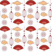 Elegant Chinese-style seamless pattern featuring fans, round motifs, and clouds on a white backdrop vector