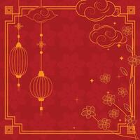 Chinese themed red template with lanterns, clouds, flowers, and a geometric frame, ideal for festive projects vector