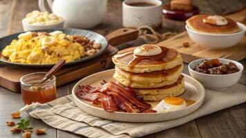 Hearty breakfast spread with pancakes classic American breakfast with pancakes bacon photo