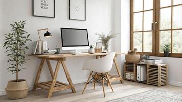 Modern office workspace with stylish furniture and natural light Mockup frame empty copy space. photo