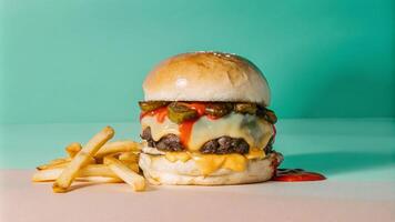 close up of a gourmet burger with melted cheese photo