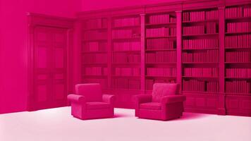 Classic wooden library with floor-to-ceiling bookshelves and armchairs photo