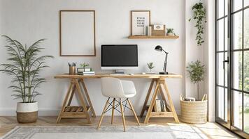 Modern office workspace with stylish furniture and natural light Mockup frame empty copy space. photo