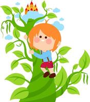 Jack climbing on the magic beanstalk. Castle in the clouds on a magical beanstalk tree plant growing and little Jack boy climbing it. Fairy tale for children. vector