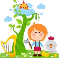 Jack and the magic beanstalk fairy tale for children, the golden harp and the chicken laying the golden eggs. Tower in the clouds on a magical beanstalk tree plant growing and Jack boy with axe. vector