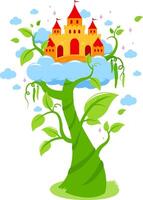 Jack and the beanstalk. Magic beanstalk and castle. Tower in the clouds on a magical beanstalk tree plant growing. Fairytale for children. vector