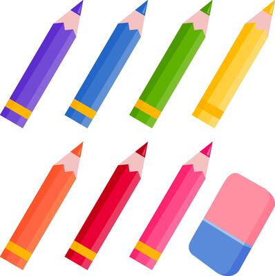 Colored pencils set and eraser on white background. Drawing and writing items collection. Color crayons set for children, school, kindergarten and preschool art supplies. Painting for student kids.