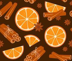 Seamless pattern with orange slices, cinnamon sticks tied with jute rope on brown background vector