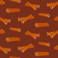 Seamless pattern with cinnamon sticks on brown background. Seasonal background texture idea vector