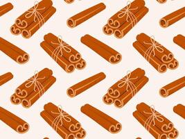 Seamless pattern with bunch of cinnamon sticks tied with jute rope. Seasonal background texture idea vector