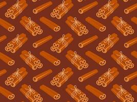 Seamless pattern with bunch of cinnamon sticks tied with jute rope on brown background vector