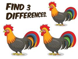 Find differences game rooster cartoon colorful illustration vector